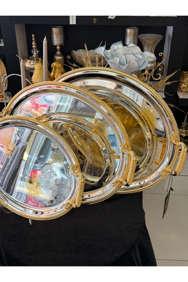 3-Piece Large Size 18/10 Stainless Steel Silver Micron Coating Gold Detail Multi-Purpose Tray Set