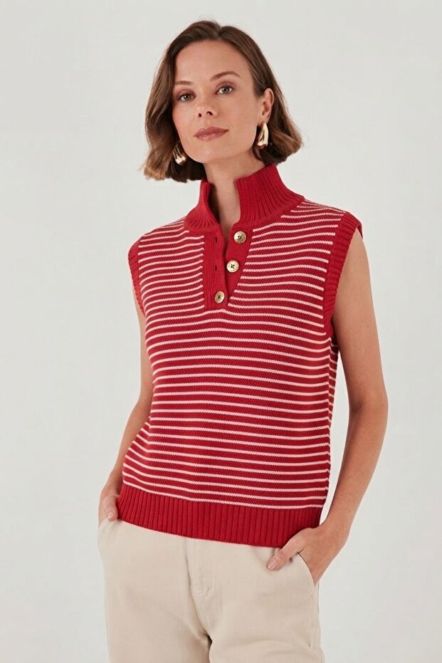 Women's Striped V-Neck Buttoned Relaxed Fit Knitwear Sweater