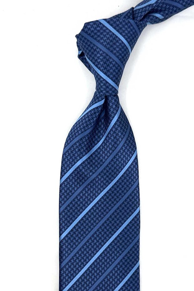 Navy Blue Stripe Pattern Classic Tie with Handkerchief Kk14015