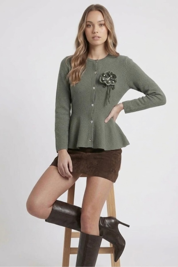 Women's Knitwear Cardigan with Floral Accessories and Metal Buttons and Ruffle Skirt