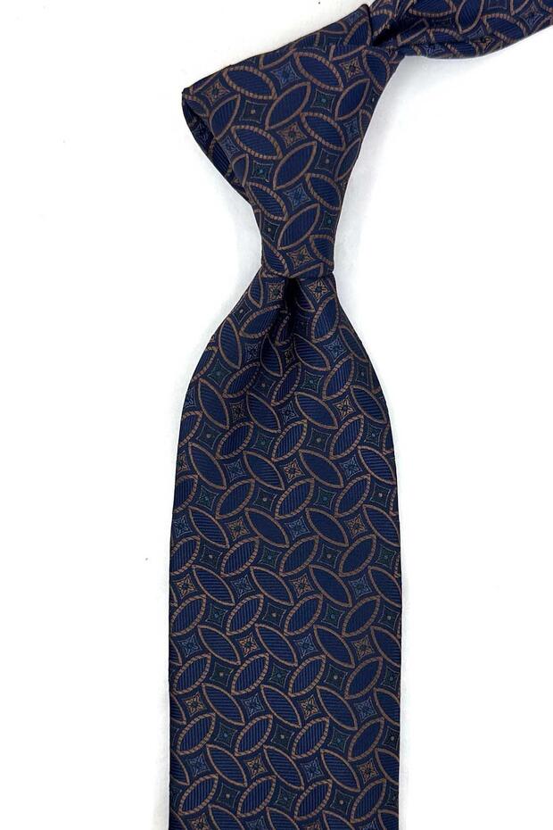 Navy Blue Motif Patterned Classic Tie with Handkerchief Kk13988
