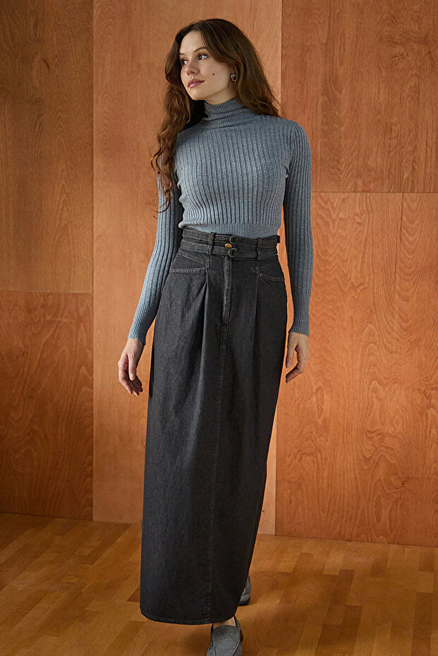 Double Belted Denim Skirt Black