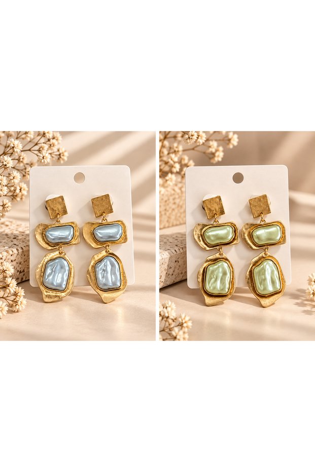 Women's Gold Dangle Earrings – Large Design with Pearl-Looking Stone Detail – Choose from Blue and Green Colors