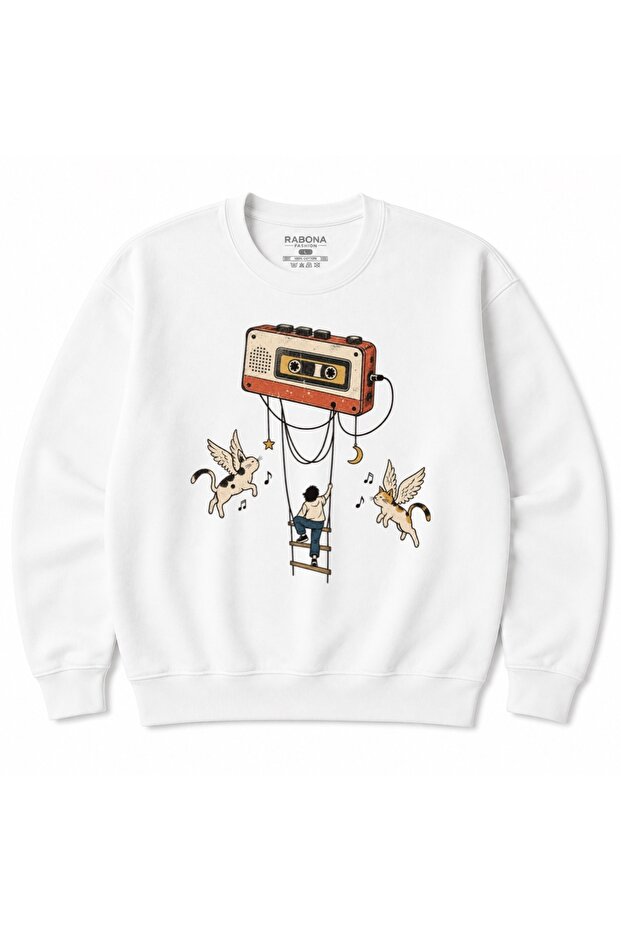 Retro Melody Cassette & Winged Cats Graphic Sweatshirt