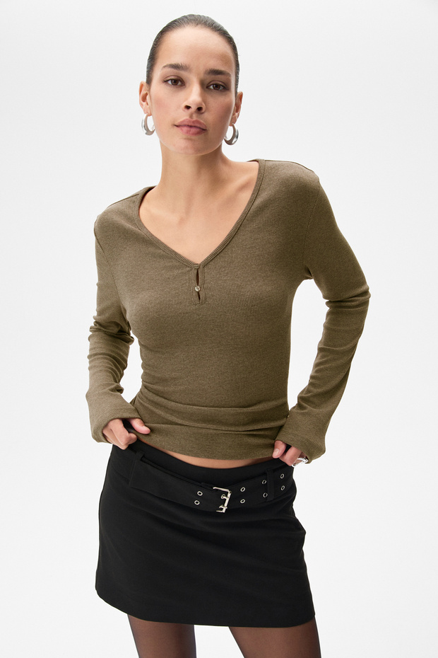 Aigete women's button-down v-neck long sleeve khaki blouse