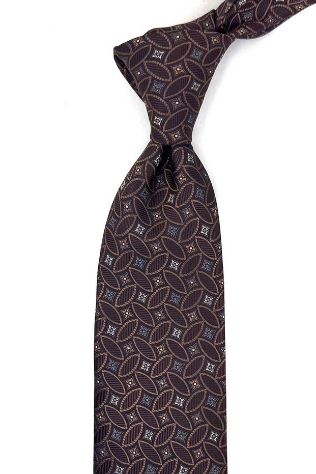 Brown Motif Pattern Classic Tie with Handkerchief Kk13982