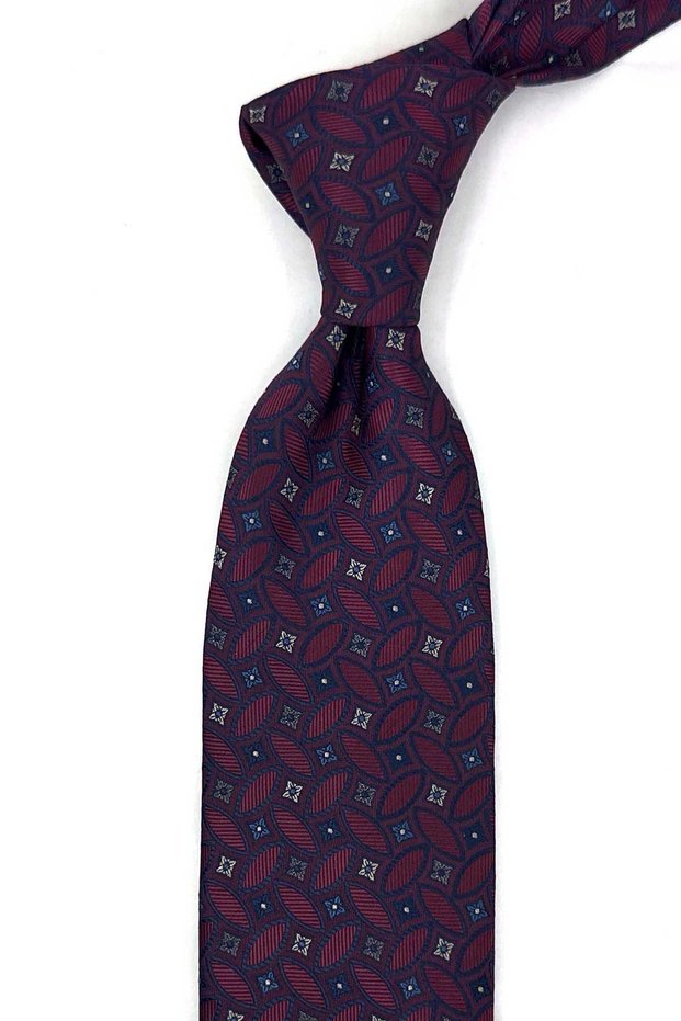 Burgundy Motif Patterned Classic Tie with Handkerchief Kk13983