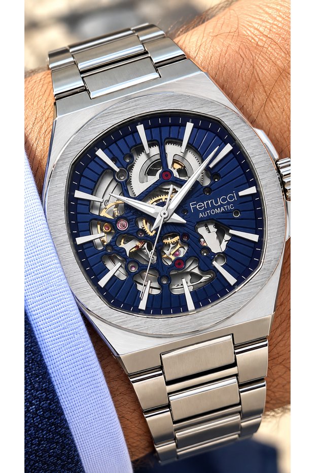 Navy Blue, Skeleton Dial, Silver Color Steel Band, Navy Blue Dial, Automatic Battery-Free Men's Wristwatch in Stylish Box+Bracelet