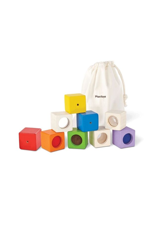 Activity Blocks, 9 Wooden Sensory Blocks with Storage Bag