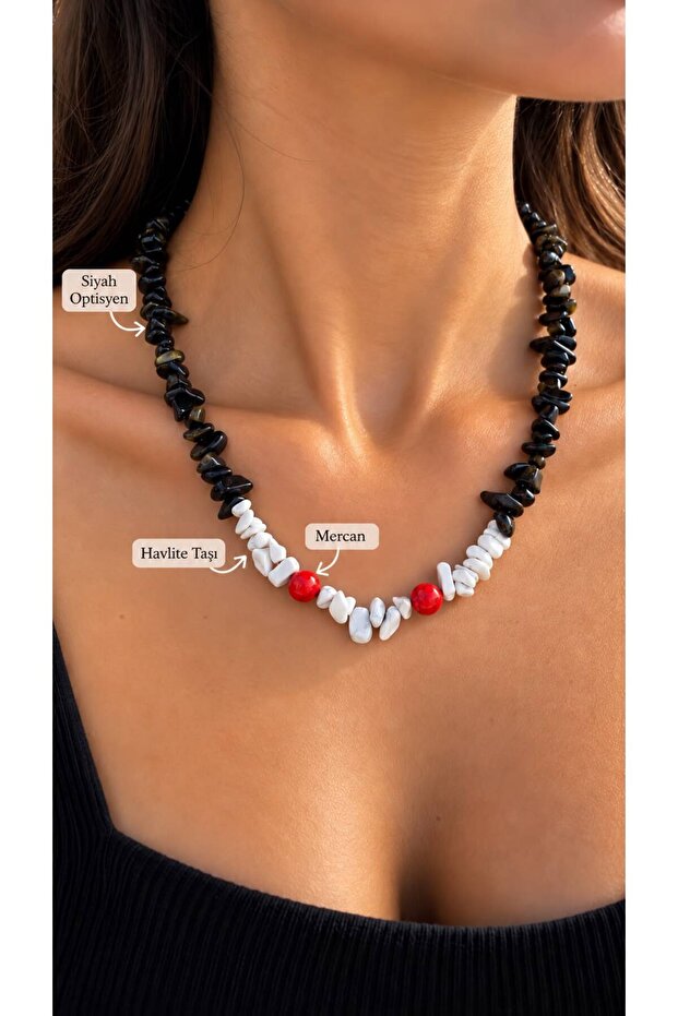 Handmade Women's Design Necklace with Black Obsidian Howlite and Coral Natural Stones