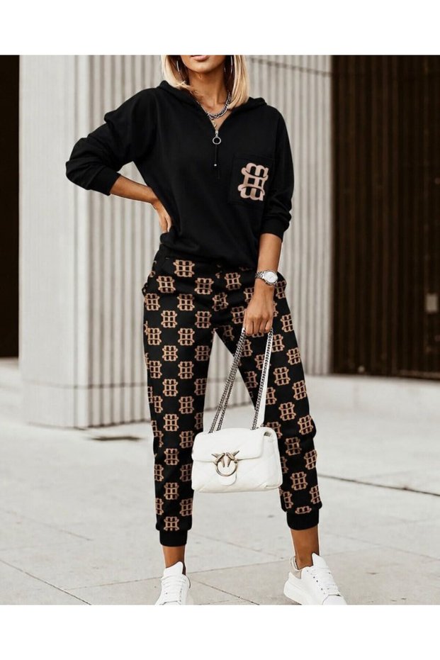Sporty Style Patterned Fit - Women's Zipper Detailed Stripe Long Sleeve Blouse and Pants Bottom Top Set
