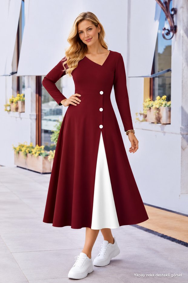 Women's Long Sleeve Asymmetrical Collar Button Detailed Midi Viscose Dress, Casual, Comfortable Dress