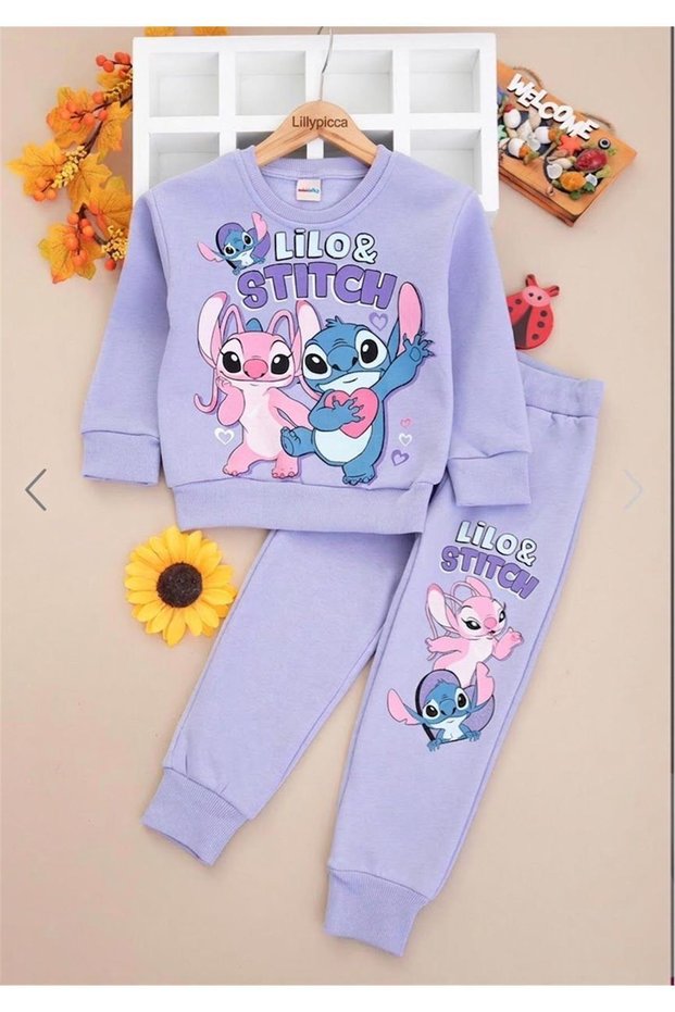 Girl's Patterned 3-Yarn Ruffled Elastic Leg Sweatpants Set