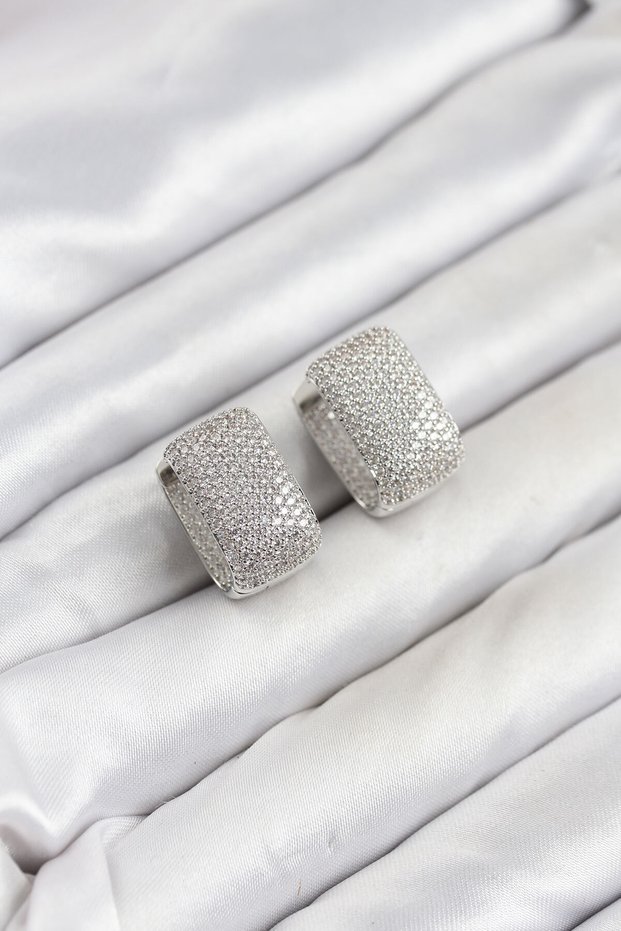 Silver Color Full Zircon Stone Square Hoop Women's Earrings