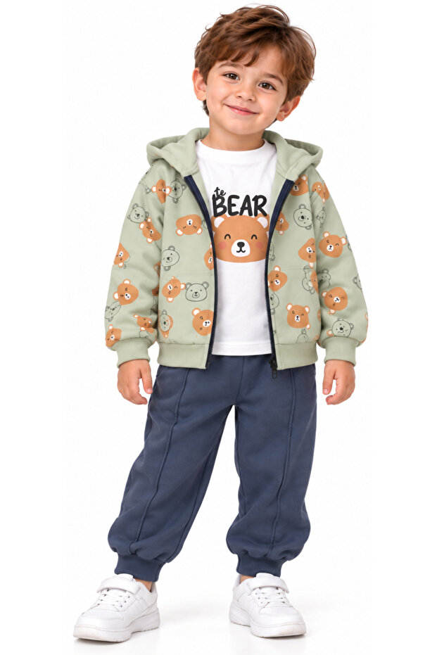 Boy's Green Color Triple Tracksuit Set with Teddy Bear Patterned Cardigan