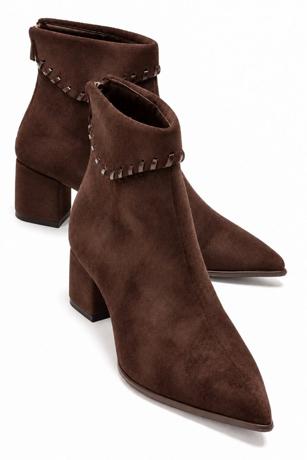 Pointed Toe Heeled Boots with Back Zipper Brown Suede