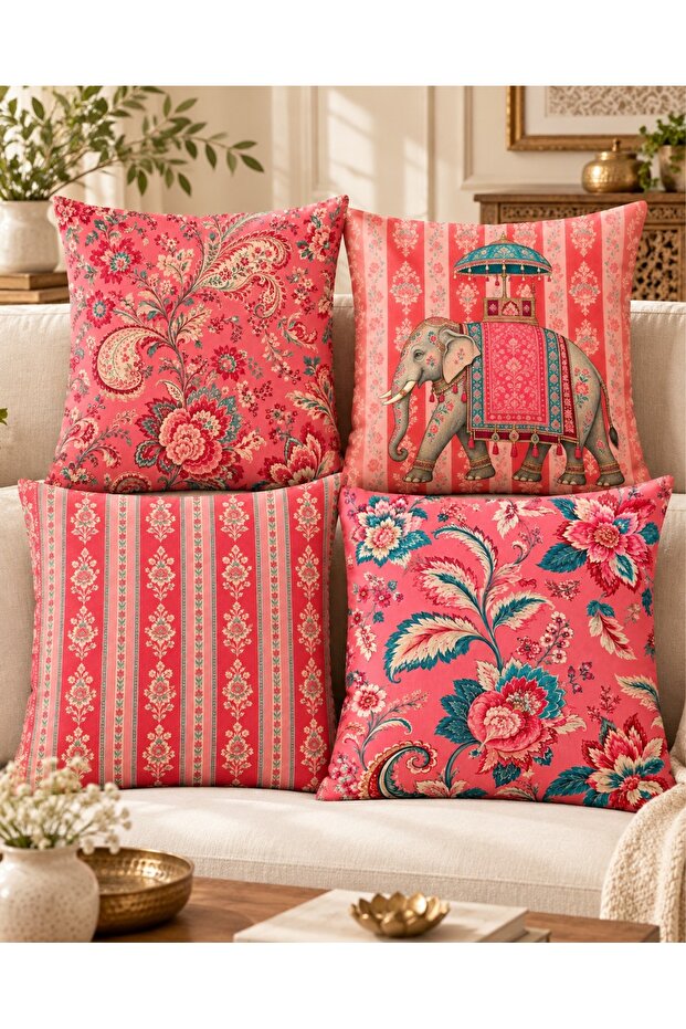 Indian Inspired Bohemian Ethnic Elephant and Shawl Patterned Digital Printed Set of 4 Gift Throw Pillow Covers