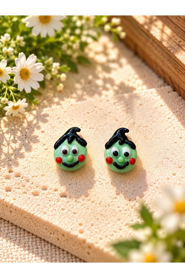 Handmade Murano Glass Green Girl Halloween Beads (2 Pieces)