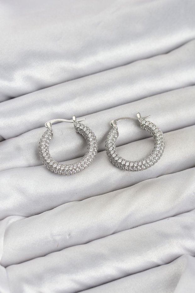 Silver Color Full Zircon Stone Hoop Women's Earrings