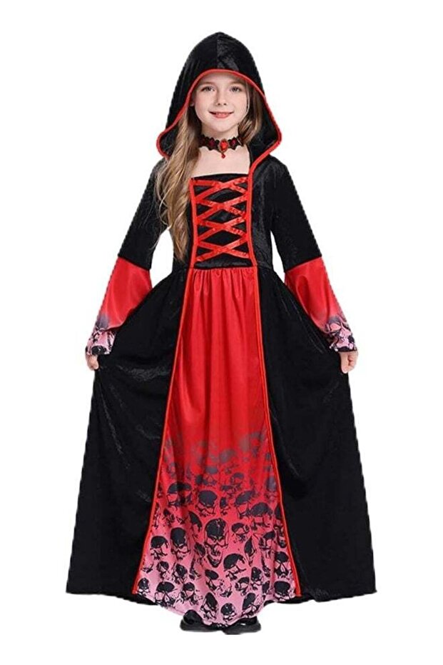 Kids Black & Red Vampire Costume – Hooded Gothic Dress For Halloween, Dracula & Spooky Parties S