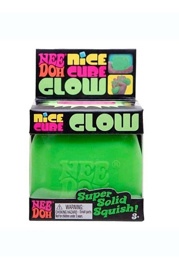 NeeDoh Nice Cube Glow Green Squishy Sensory Fidget Toy, Glow in The Dark Stress Relief Squeeze Cube