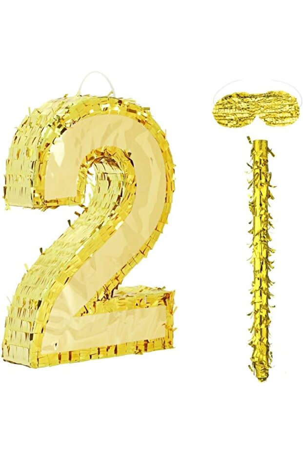 42x30x7.5cm Number Piñata Birthday Piñata Decorations Gold Foil Piñata with Stick Blindfold Confett