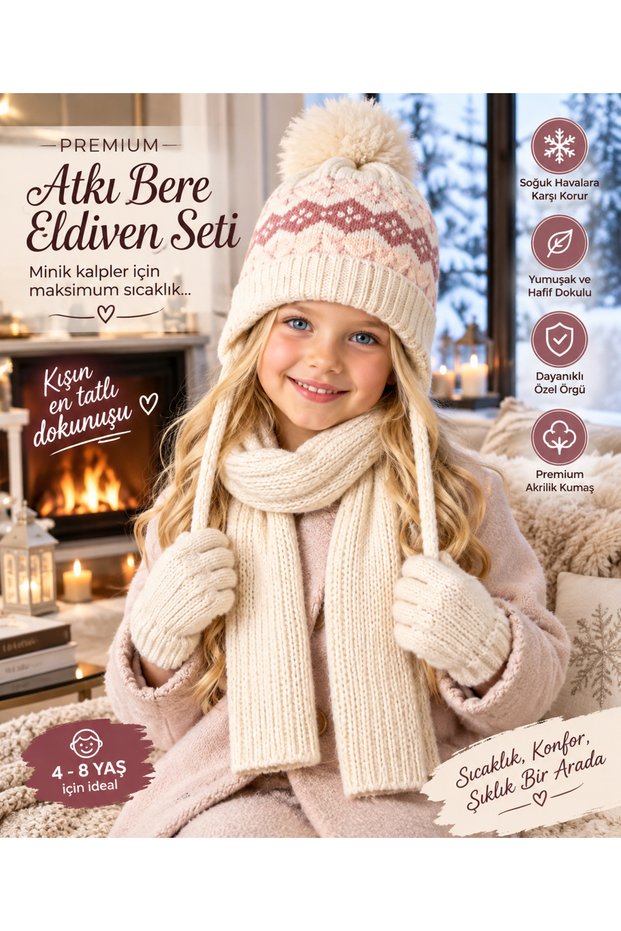 Lux 4-8 Years Old Children's 3-Piece Winter Set: Pompom Beanie, Scarf and Gloves Premium
