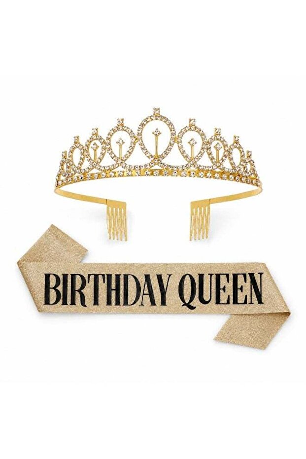 2 Pcs Gold Birthday Queen Crown and Sash Set, Birthday Party Tiara and Sash for Women Celebration A