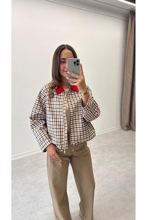 Collar Detailed Plaid Jacket