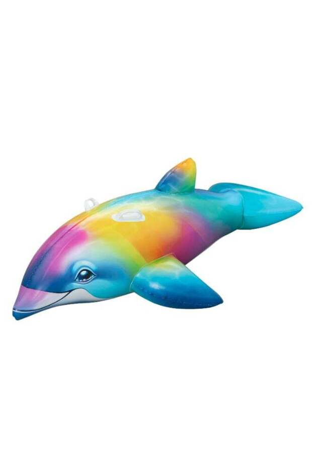 Bestway Dolphin Daydream Ride-On Inflatable Pool Float, 66 in x 26 in (1.68 m x 66 cm), Rainbow Dol