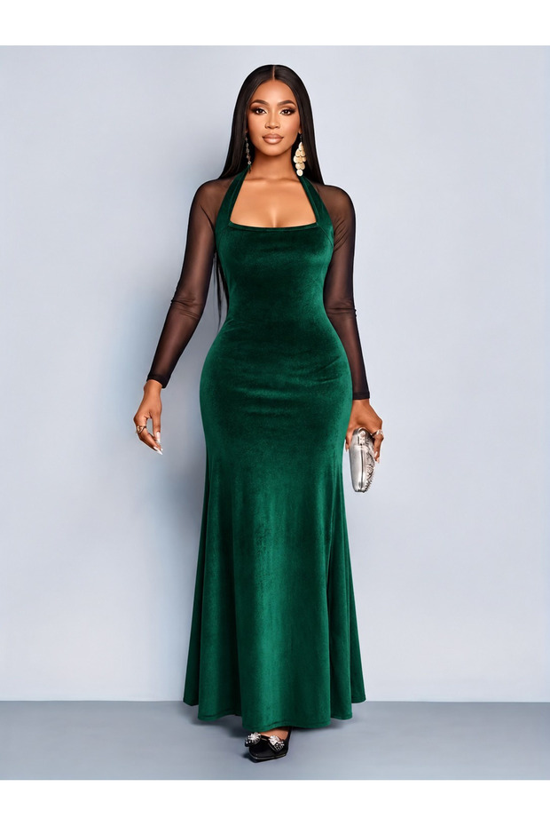 Women's long sleeve geometric collar detailed tulle slit long velvet dress
