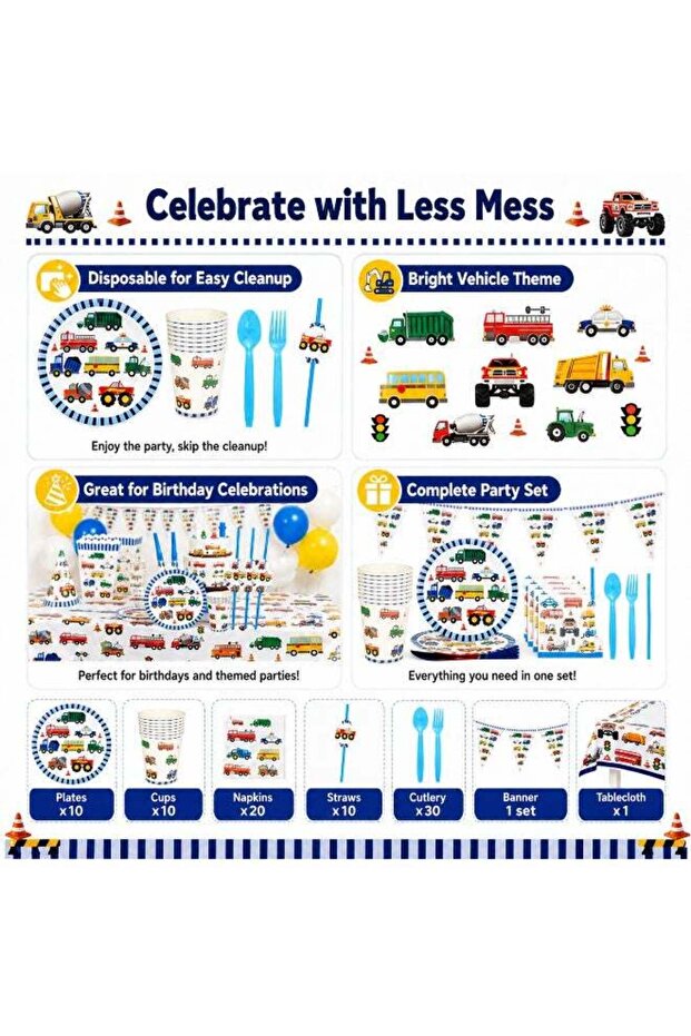 120 PCS Construction Vehicle Birthday Party Supplies Kit for Kids – Truck & Transport Theme Party D