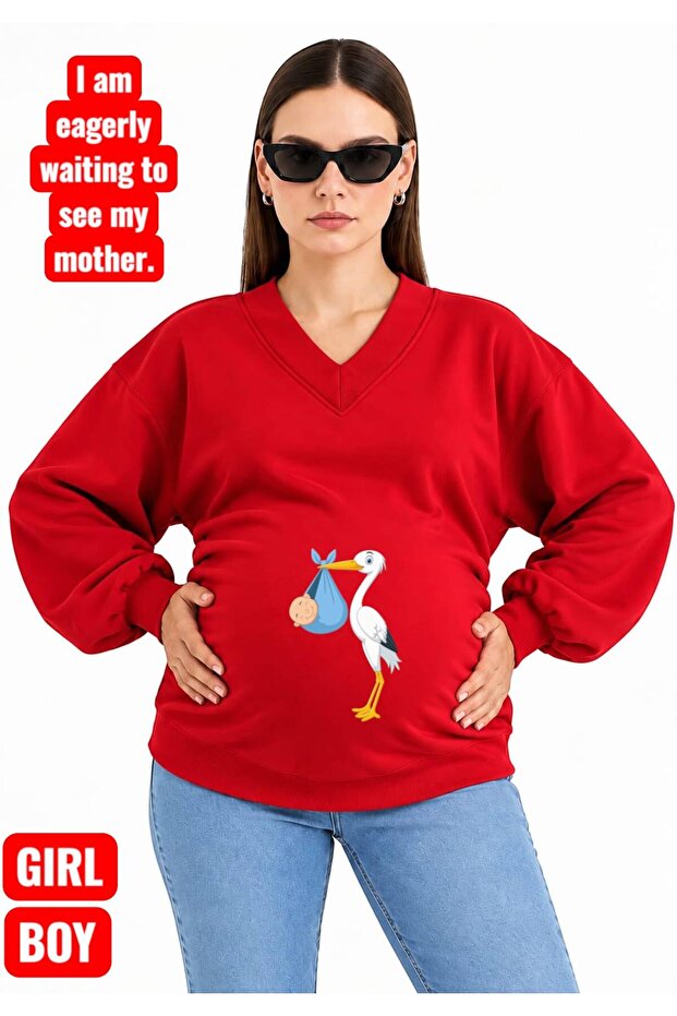 3 Yarn Combed Cotton Baby-Praying Stork Printed Pregnant V-Neck Sweatshirt Jw5