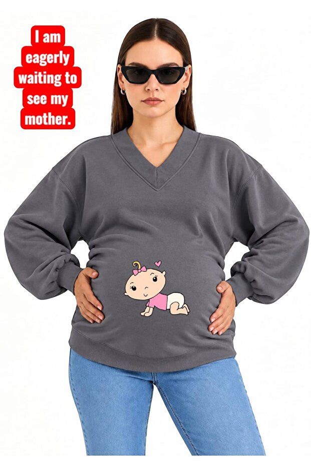 3 Yarn Combed Cotton Retired Baby Printed Pregnant V-Neck Sweatshirt Jw2