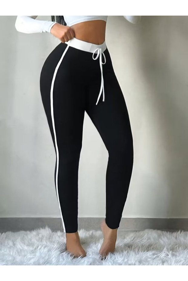 Lace-Up Waist and Side Stripe Detail - Women's Black High Waist Leggings