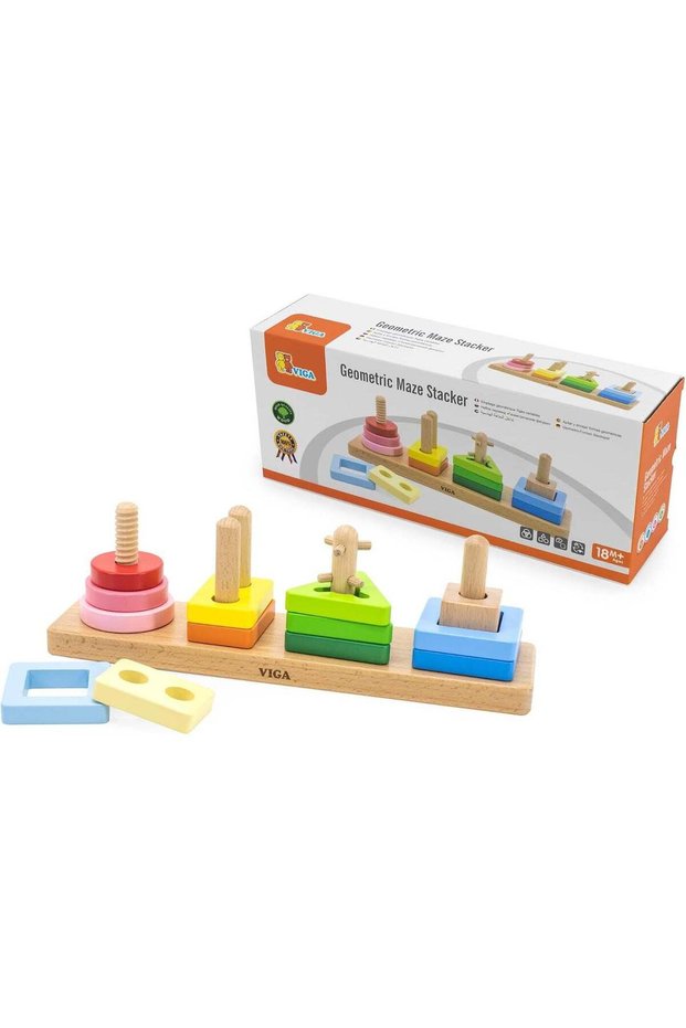 VIGA Wooden Geometric Maze Stacker - Montessori Shape Sorting and Stacking Toy for Toddlers