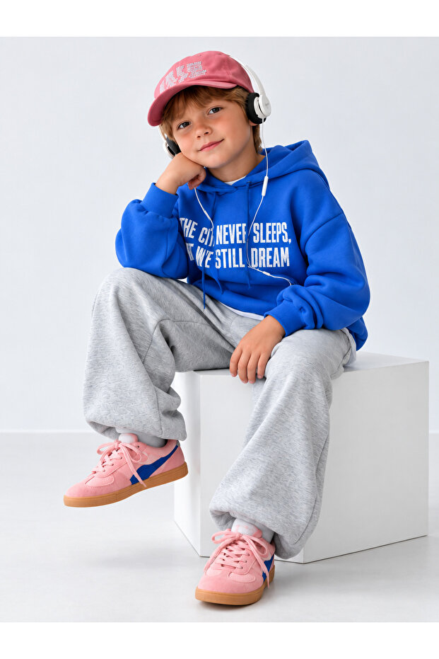 Children's Oversize Never Sleeps Hooded Sweatshirt Gray Wide Leg Sweatpants Set