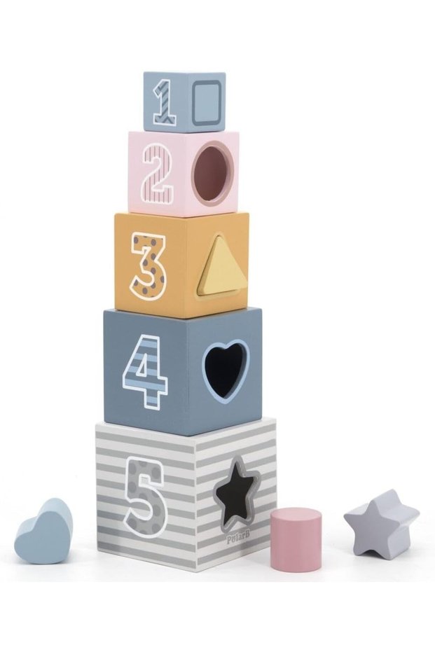 PolarB Wooden Nesting and Stacking Blocks - Montessori Educational Toy for Shape Sorting and Counti
