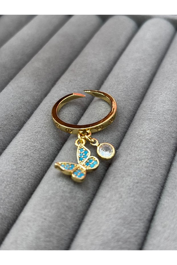 Gold Plated Double Charm Blue Butterfly and Single Stone Figured Adjustable Women's Ring