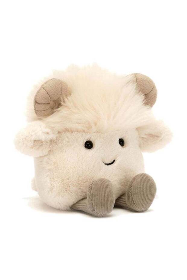 Amuseabean Ram Plush Toy – Soft Bean-Shaped Ram with Fluffy Wool Texture and Curled Horns, Cute Far