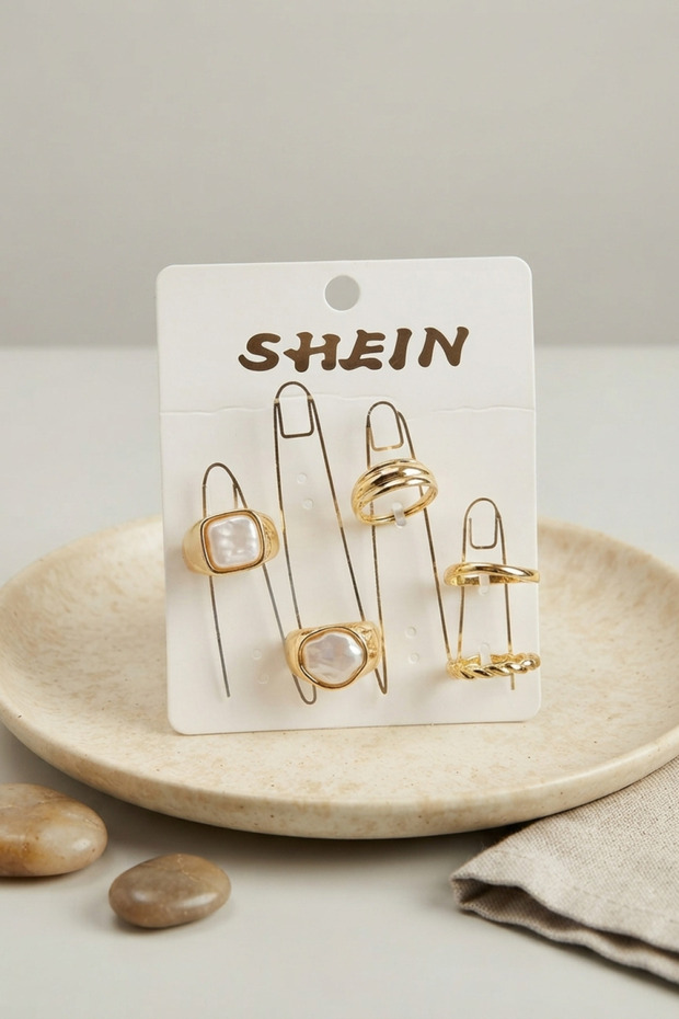 Gold Color Brass Stone Detailed Bohemian Ring Combination Byk4282