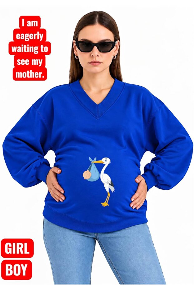 3 Yarn Combed Cotton Baby-Praying Stork Printed Pregnant V-Neck Sweatshirt Jw5