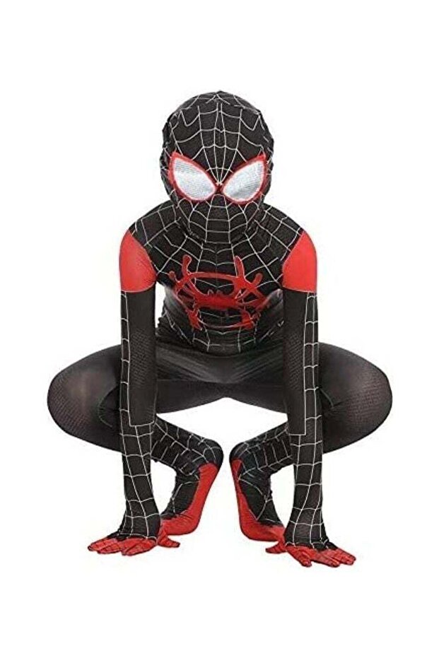 Kids Black & Red Spider Hero Costume – Web-Print Full-Body Jumpsuit For Halloween & Cosplay M