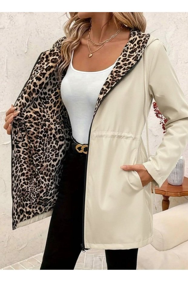 Double Pattern Elegance | Women's Long-Sleeved Hooded Double-Sided Pocket Lace-Up Zippered Viscose Two-Thread Leopard Coat