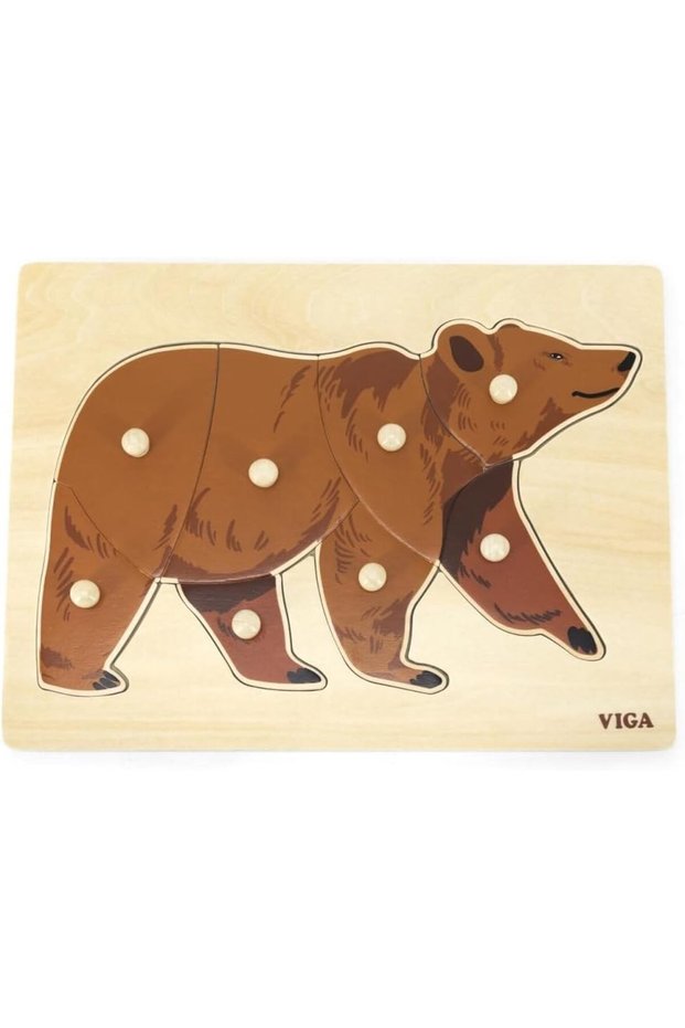 VIGA Bear Wild Animals 8 Piece Knob Puzzle - Montessori Wooden Toy for Kids