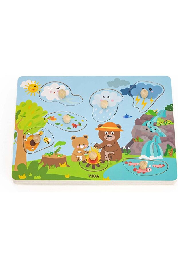 VIGA Nature 7-Piece Knob Puzzle with Sound - Montessori Wooden Toy for Kids