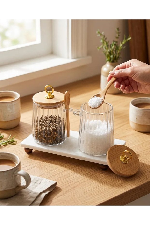 2-Piece Borosilicate Glass Jar with Marble Stand, Ring Lid, Striped Spoon, and Kitchen Set 650 ml Dr5