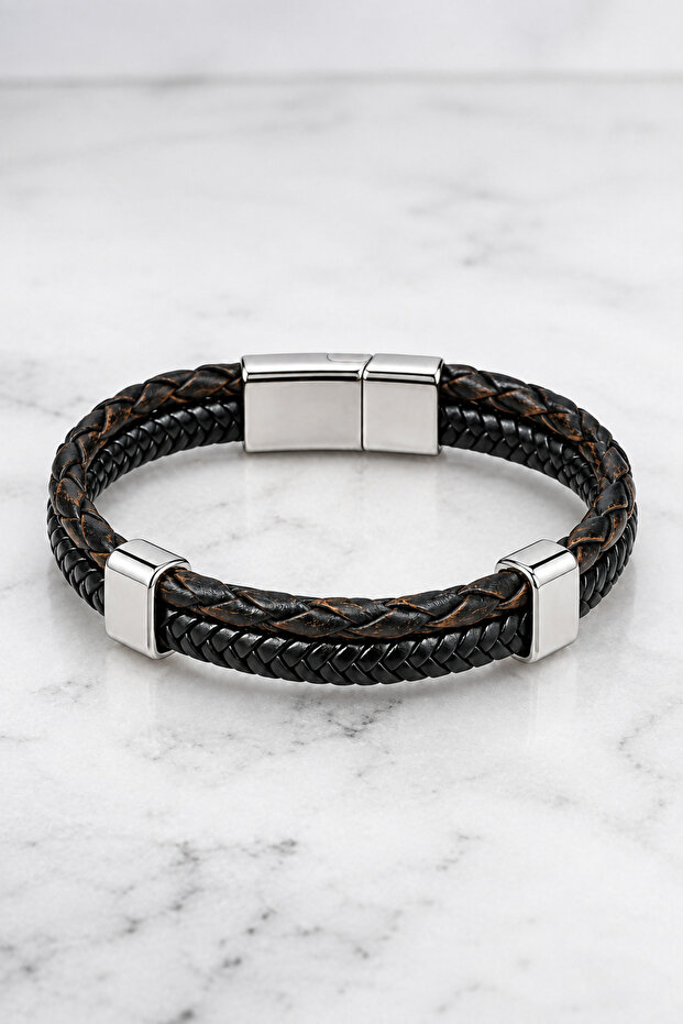 Chrome Plated Fish Scale Model Men's Leather Bracelet