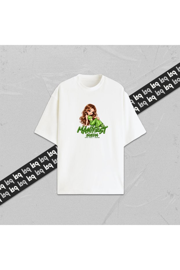 Mani̇fest Sueda Unisex Character Printed Oversize T-Shirt 100% Cotton Women's Men's Crew Neck White