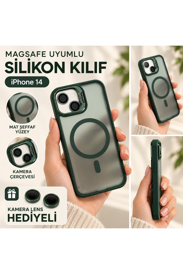 iPhone 14 Compatible Magsafe Ring Matte Transparent Silicone Case with Camera Lens Protector Gift Black